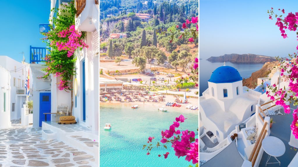 קולאז' תמונות של נופי קורפו, סנטוריני ומיקונוס בקיץ