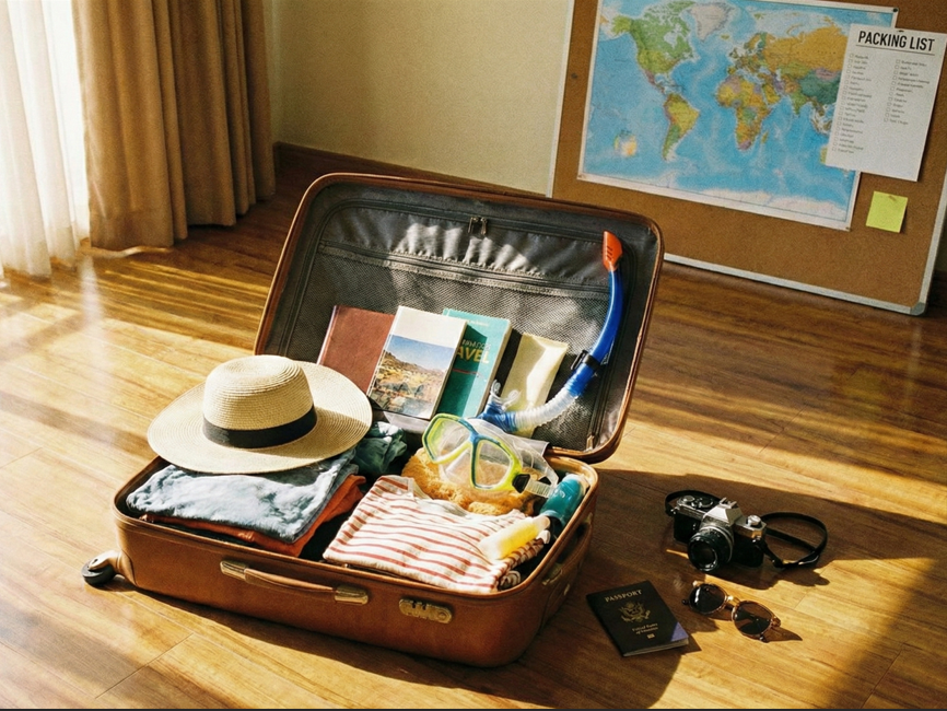 מזוודה מונחת על הרצפה עם כובע, משקפת ובגדים